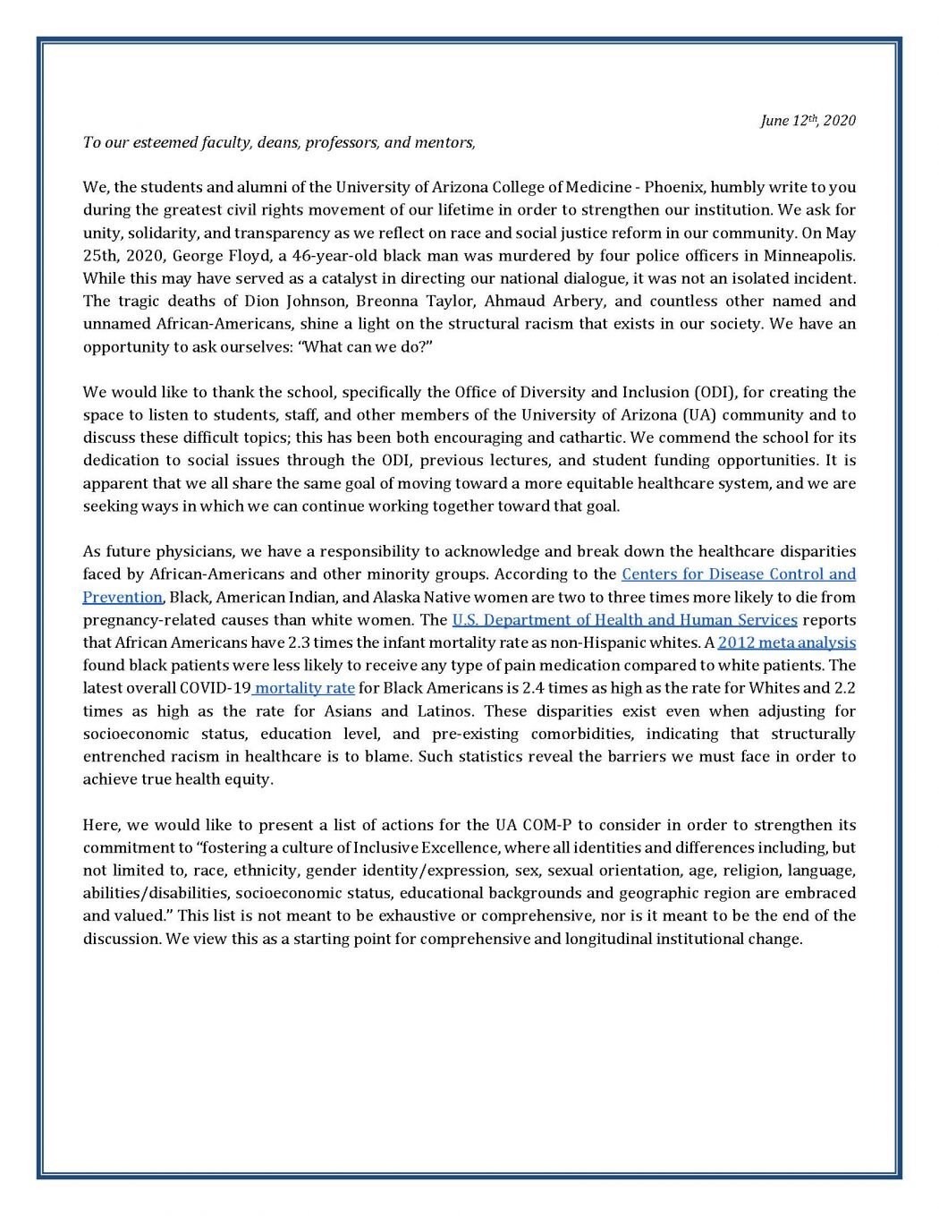 Open Letter to UACOMP from Student Group, “AZ Call to Action”: The Need for Social Justice Reform